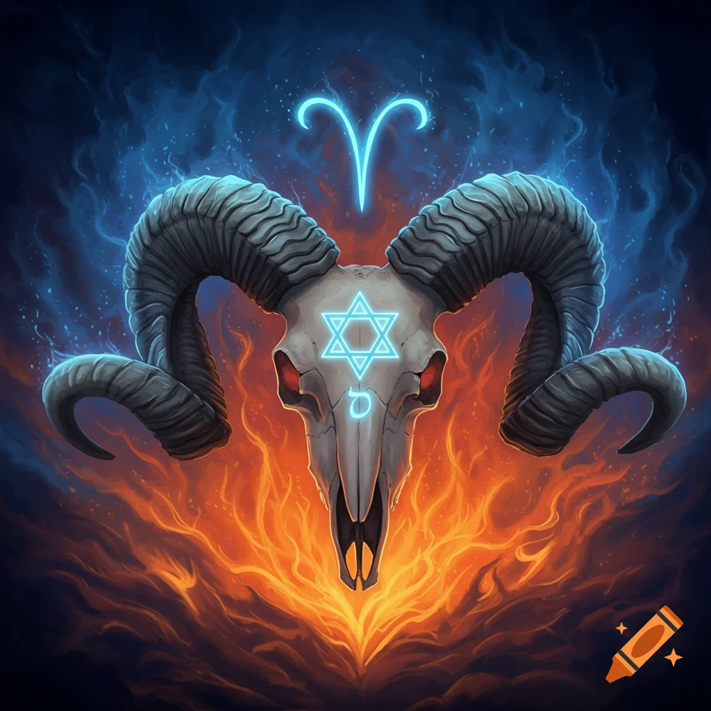 An artistic depiction of a ram skull with large horns, glowing blue Aries symbol, and a bright blue Star of David on its forehead, set against a background of blue smoke and orange flames.