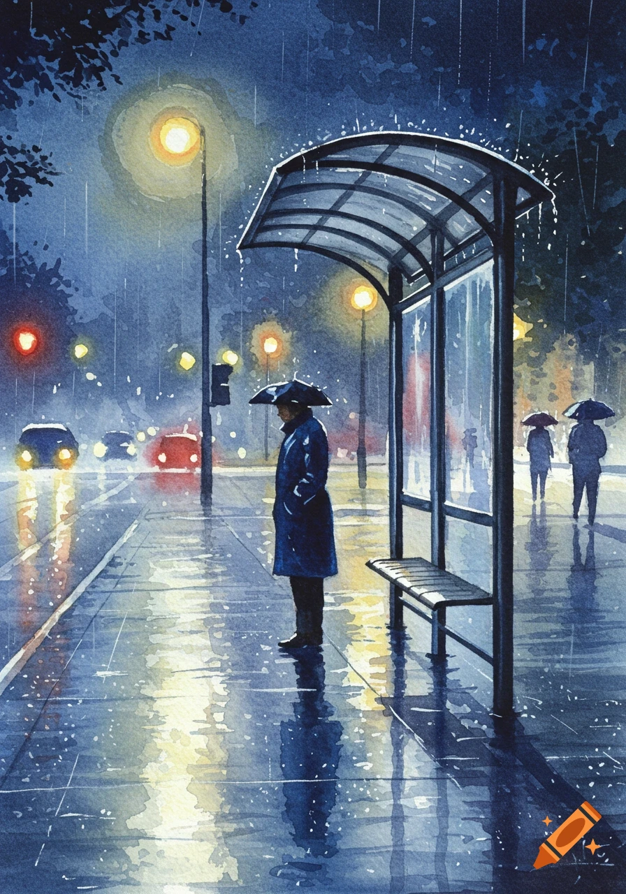 Watercolor painting shows a person with an umbrella waiting at a bus stop on a rainy city street at night.