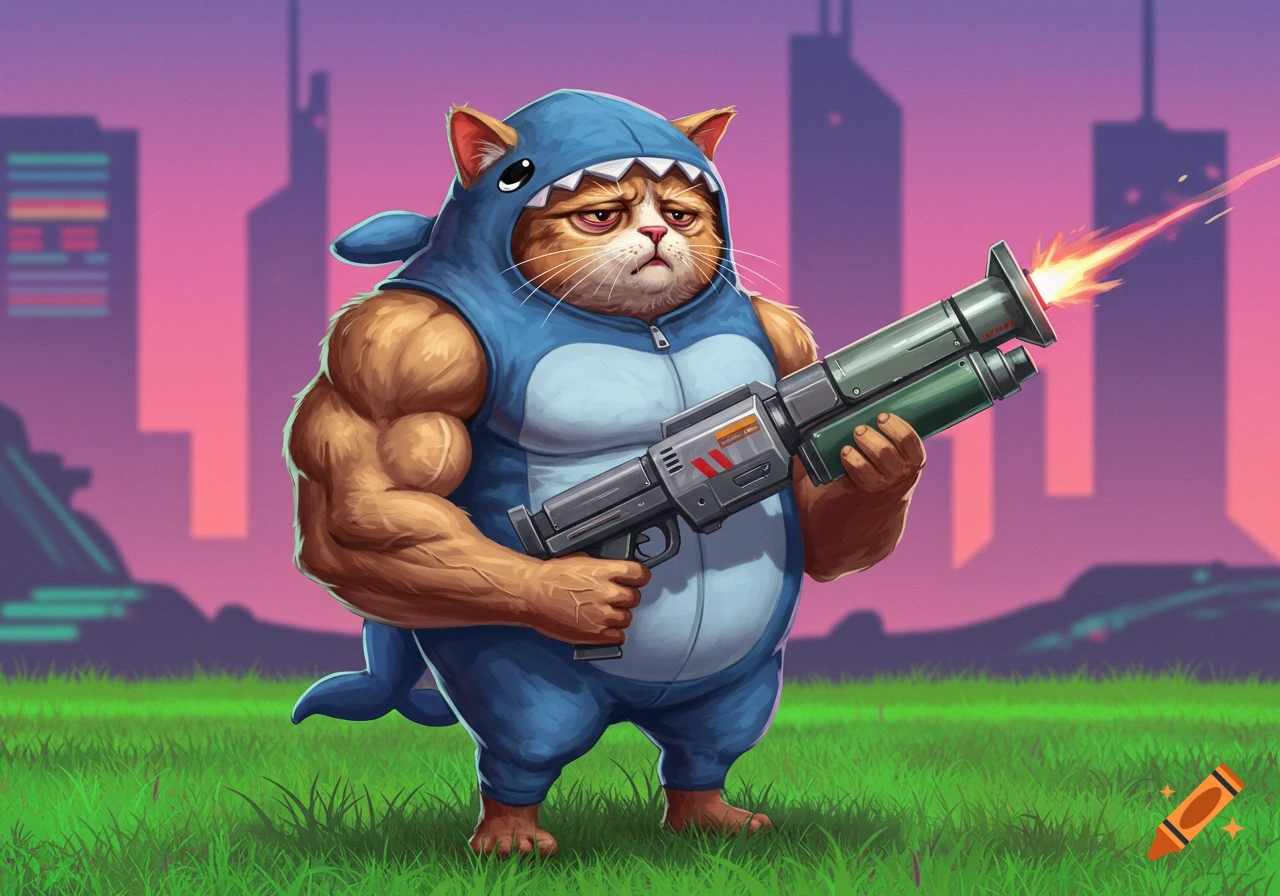 A muscular, tired-looking cat in a blue shark onesie holds a rocket launcher, firing it, against a futuristic city skyline.