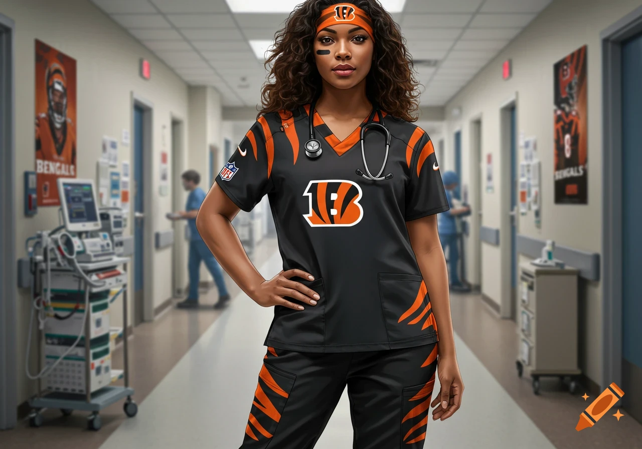 Photorealistic image of a woman medical assistant in a hospital hallway wearing a black and orange Cincinnati Bengals uniform with a stethoscope.