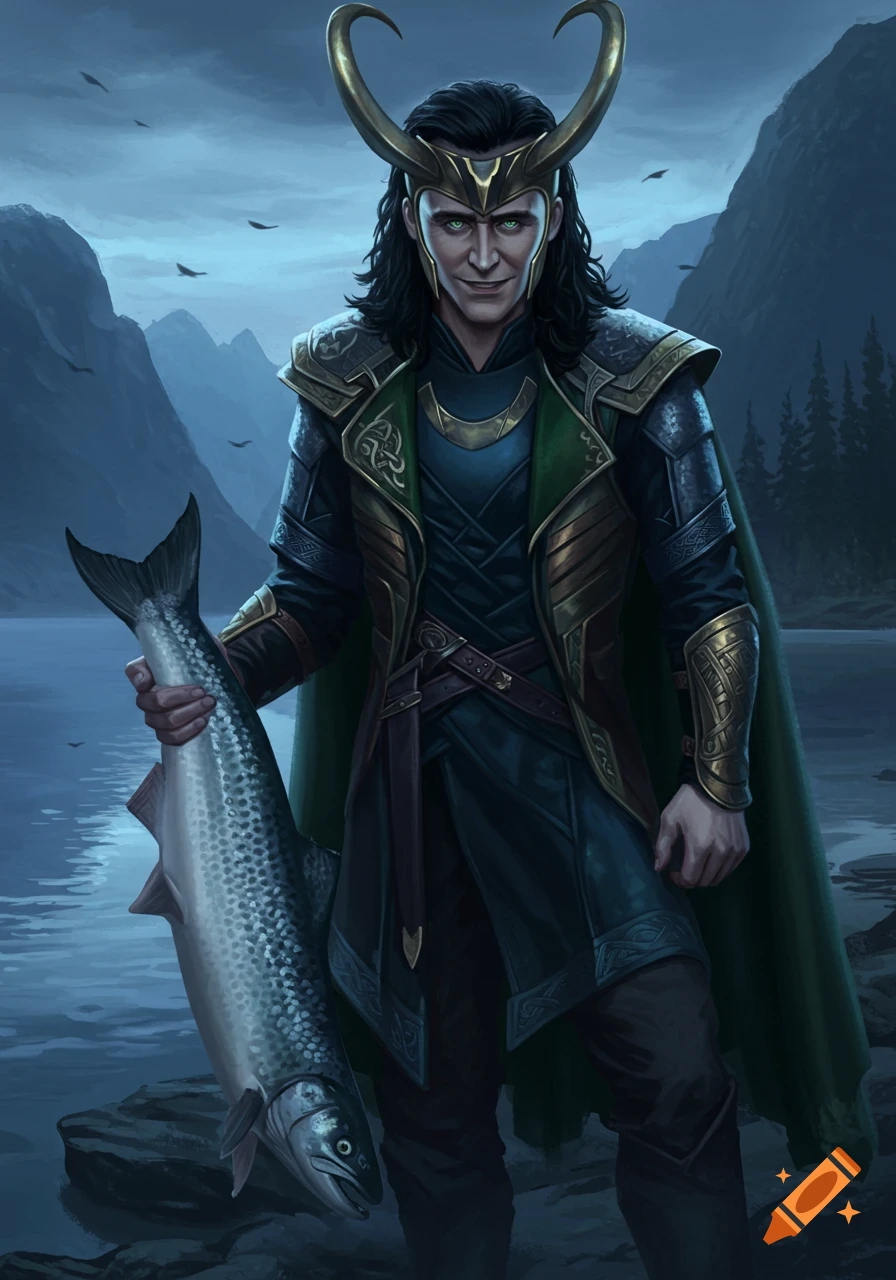 Digital painting of Loki in Viking armor, holding a large fish by a mountain lake under a cloudy sky.