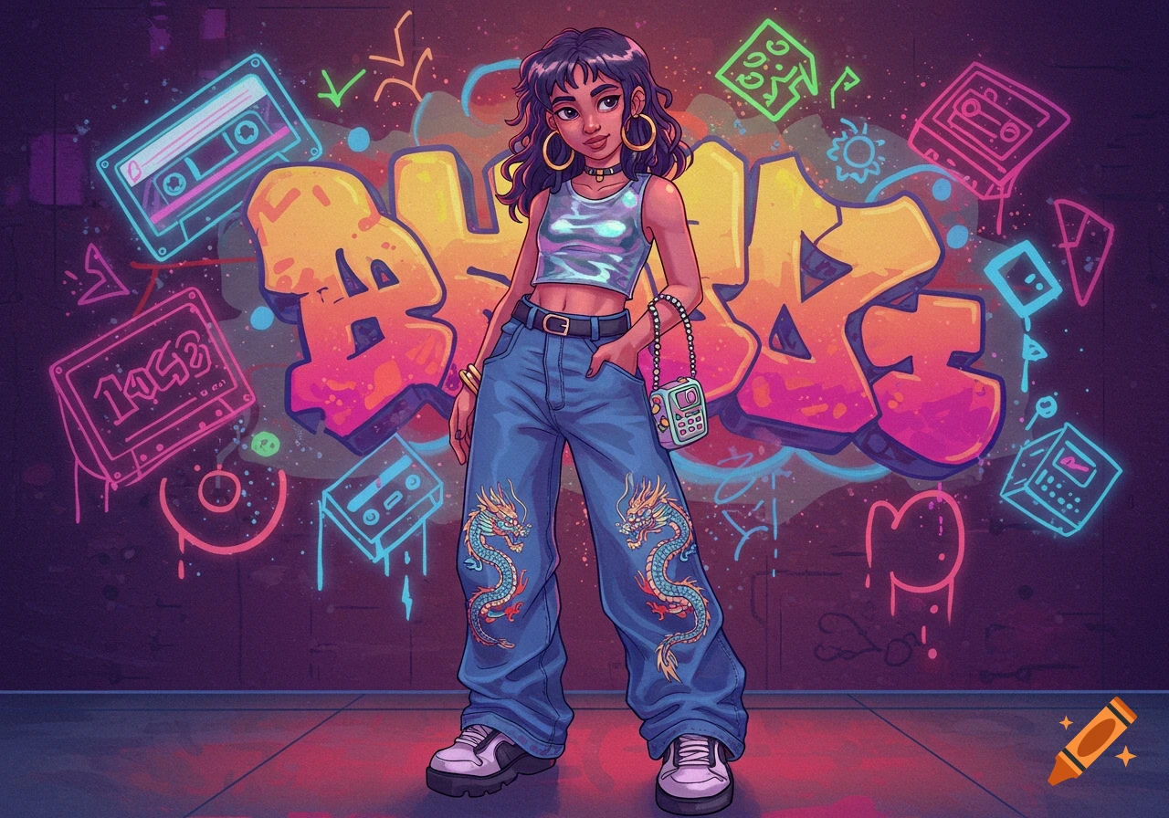 A stylized illustration of a young woman in 2000s fashion, wearing a crop top and baggy jeans with dragon embroidery, standing against a graffiti wall with neon cassette tape art.