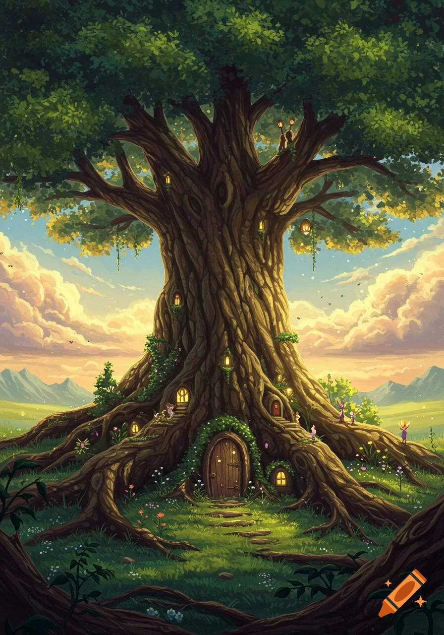 Whimsical illustration of a giant, ancient tree with glowing windows and small doors, set in an enchanting forest clearing.