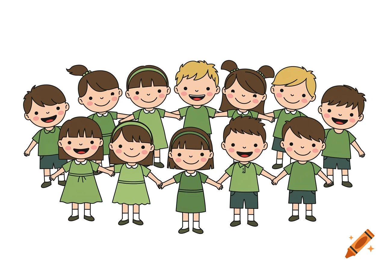Cartoon illustration of a diverse group of children holding hands, all wearing green clothes.
