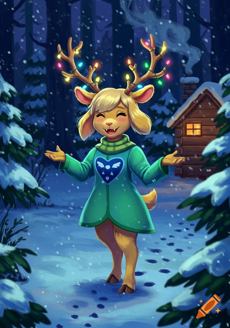 Noelle Holiday, a cheerful deer-like character with Christmas lights on her antlers, stands in a snowy forest with a cabin, digital art.