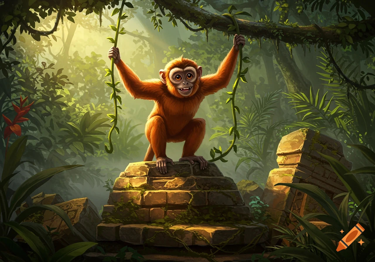 A cheerful, orange cartoon monkey swings on vines above ancient stone ruins in a lush, sun-dappled jungle.