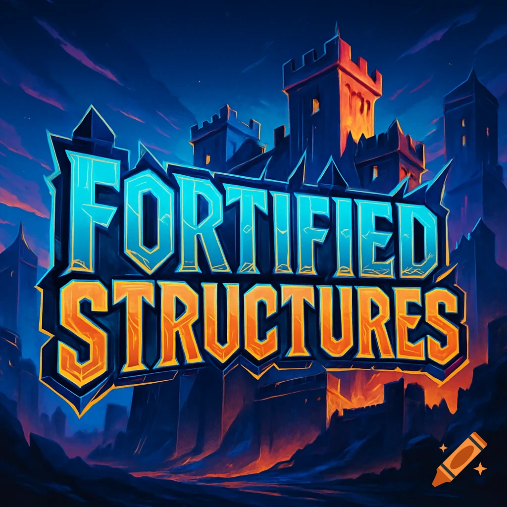 A stylized logo with "FORTIFIED STRUCTURES" in bright blue and orange text, set against a dark, dramatic castle and night sky background.