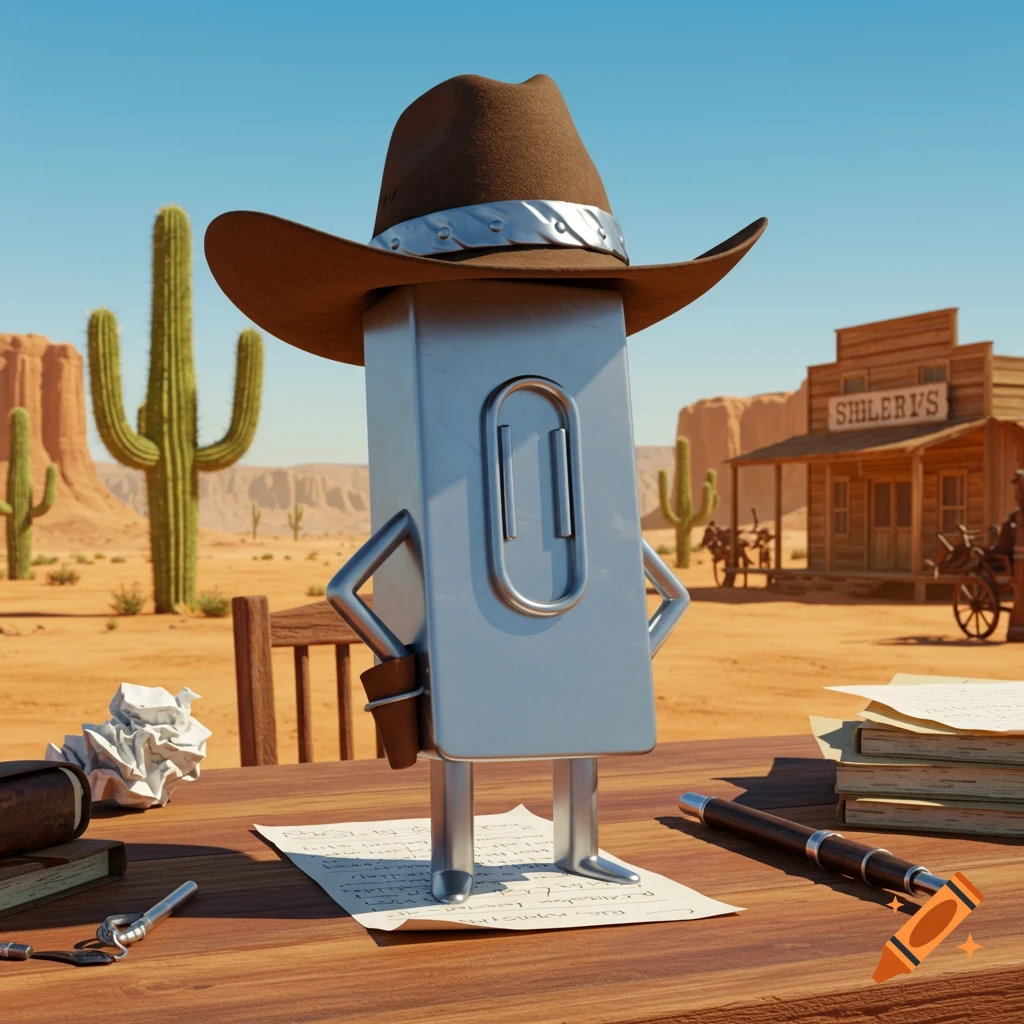 A 3D render of a metallic paperclip character wearing a cowboy hat, standing behind a wooden desk in a Wild West desert town.