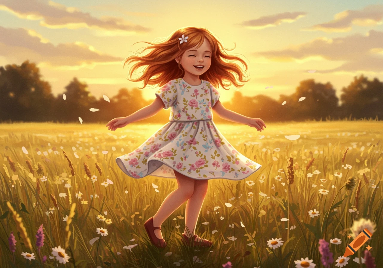 Happy red-haired girl in a floral dress twirling in a sunny field of wildflowers at sunset, illustrated.