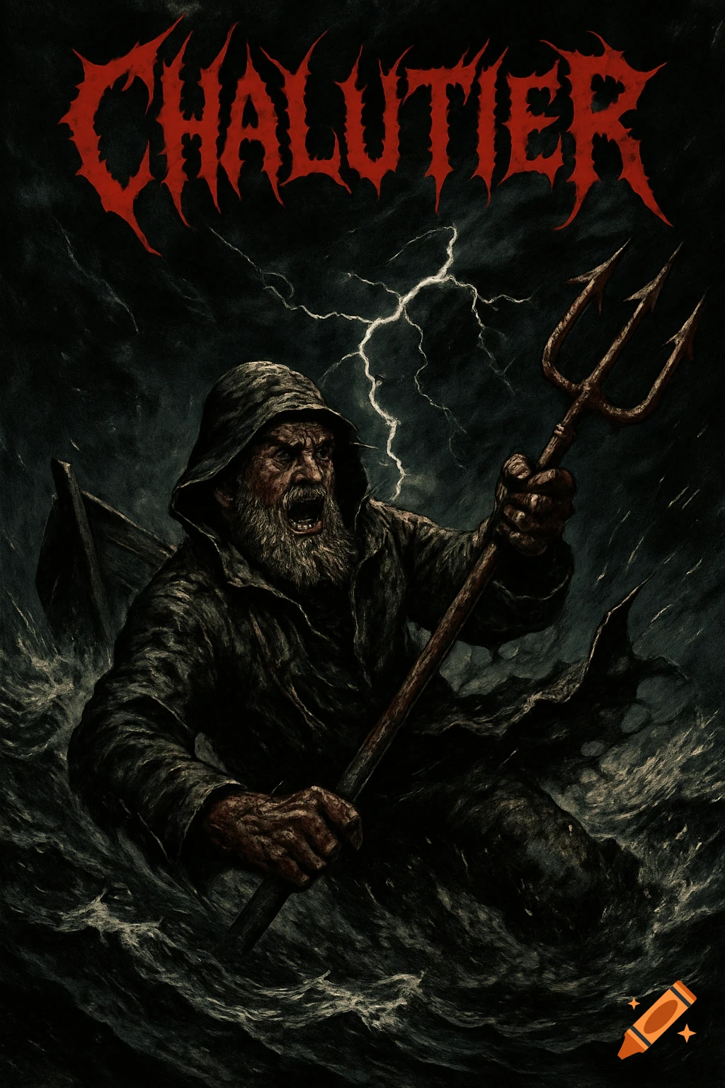 Dark, gritty album art depicts a bearded fisherman in a hooded coat, yelling and holding a trident in a stormy sea with lightning. Text 'CHALUTIER' above.