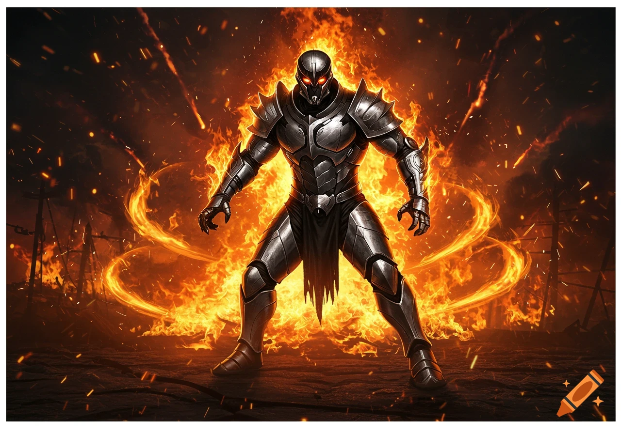 A menacing warrior in silver and black armor with glowing red eyes stands amidst a fiery explosion and falling embers.