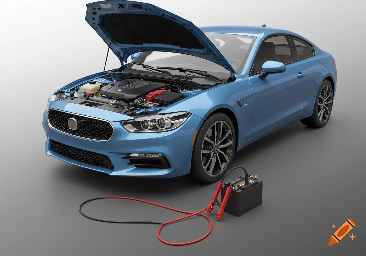 Photorealistic image of a blue modern car with its hood open, being jump-started by a separate battery on a grey background.