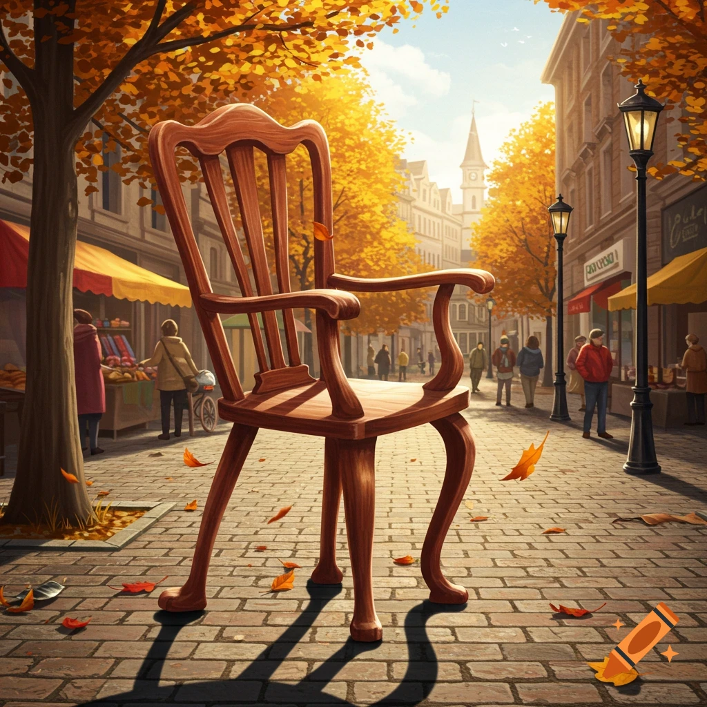 A large, antique-style wooden chair with curved legs walks down a cobblestone street. Golden autumn trees line the street, with shops and people in the background under a bright sky.