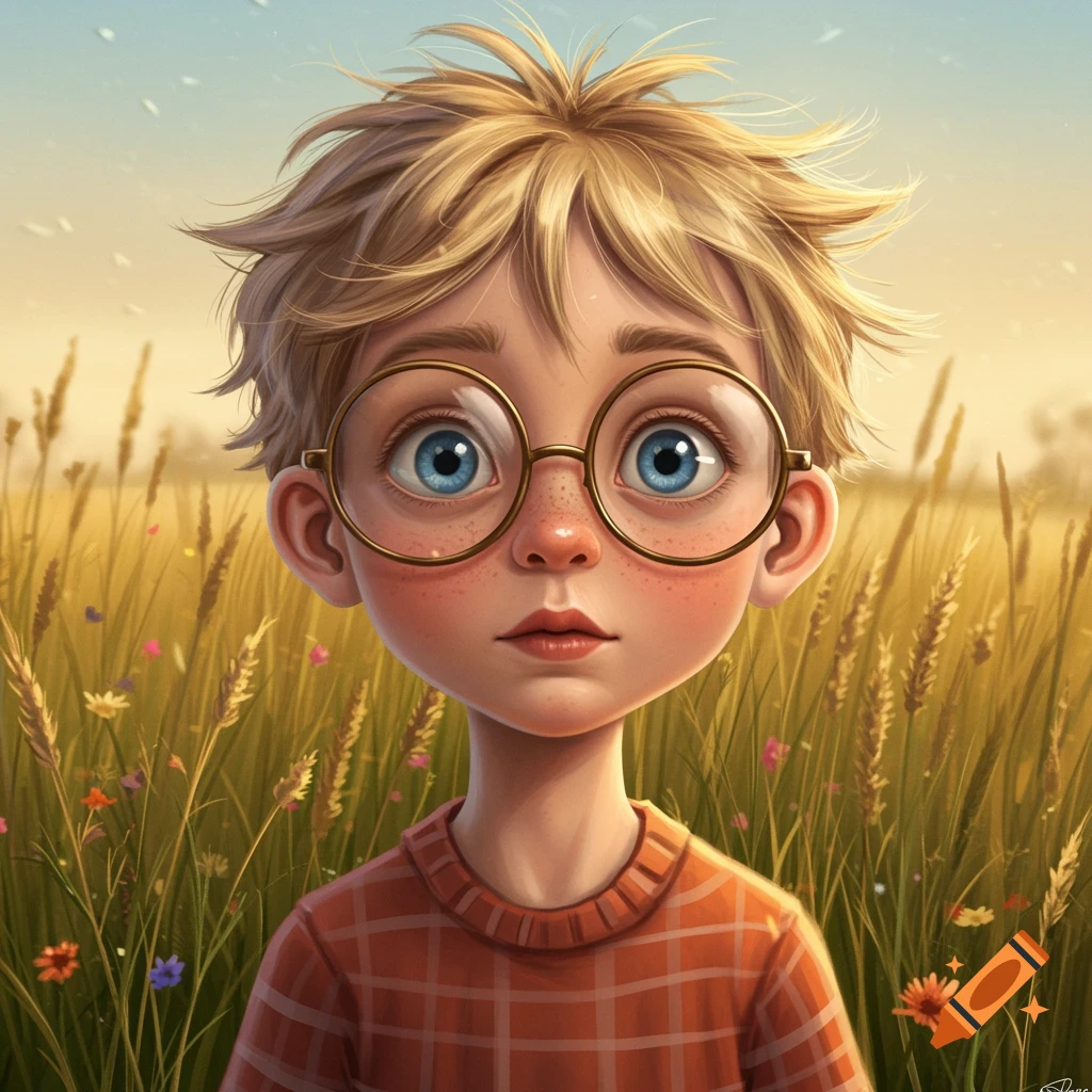 Stylized illustration of a boy with blond ruffled hair, big blue eyes, and glasses, standing in a field of tall grass and wildflowers.
