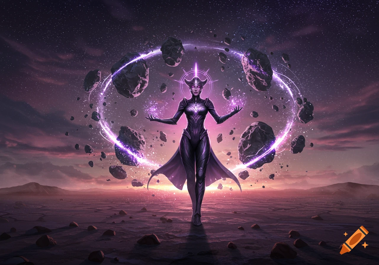 A futuristic warrior in a dark suit manipulates glowing purple energy and asteroids in a cosmic landscape.