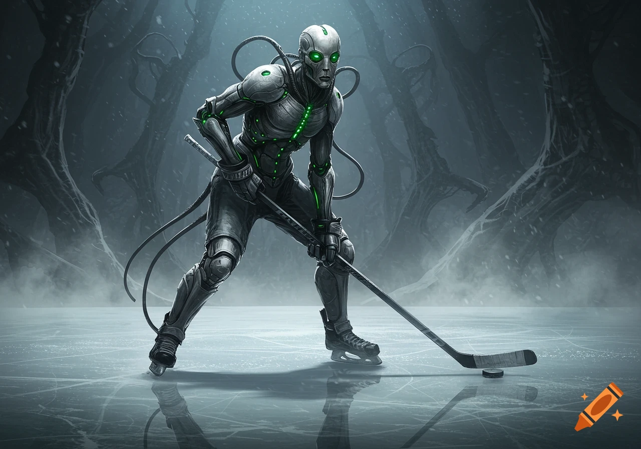 A Giger-style futuristic cyborg ice hockey player in grey armor with green lights on an icy rink with a stick and puck.