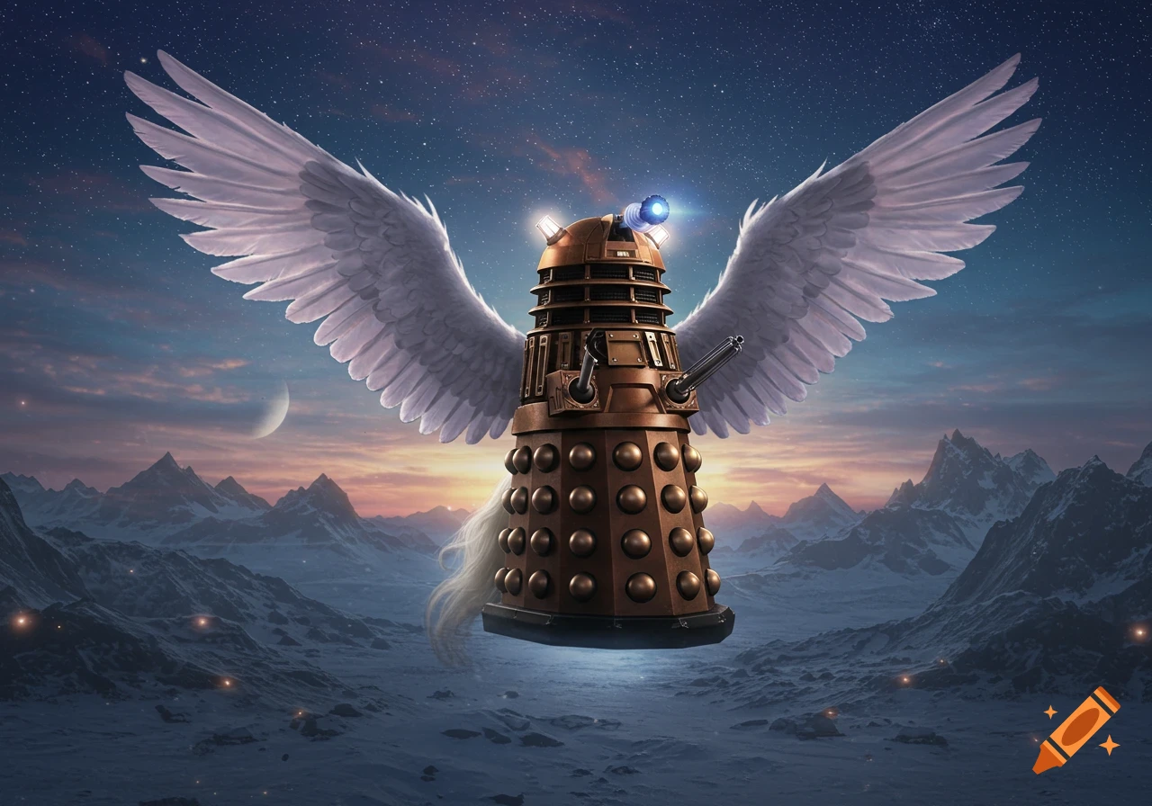 A bronze Dalek with large white wings hovers over a snowy mountain range under a starry night sky with a crescent moon.