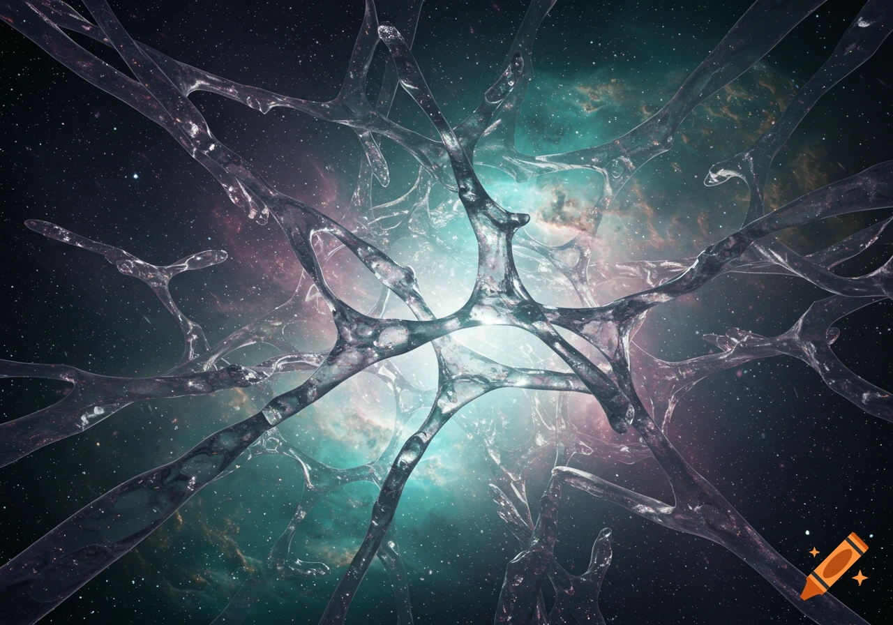 Transparent, organic, finger-like structures float in a vibrant cosmic nebula filled with stars.