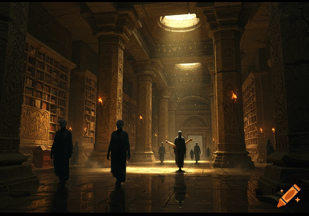 A dark, ancient stone library lit by skylights and torches, with robed figures wearing death masks carrying scrolls.