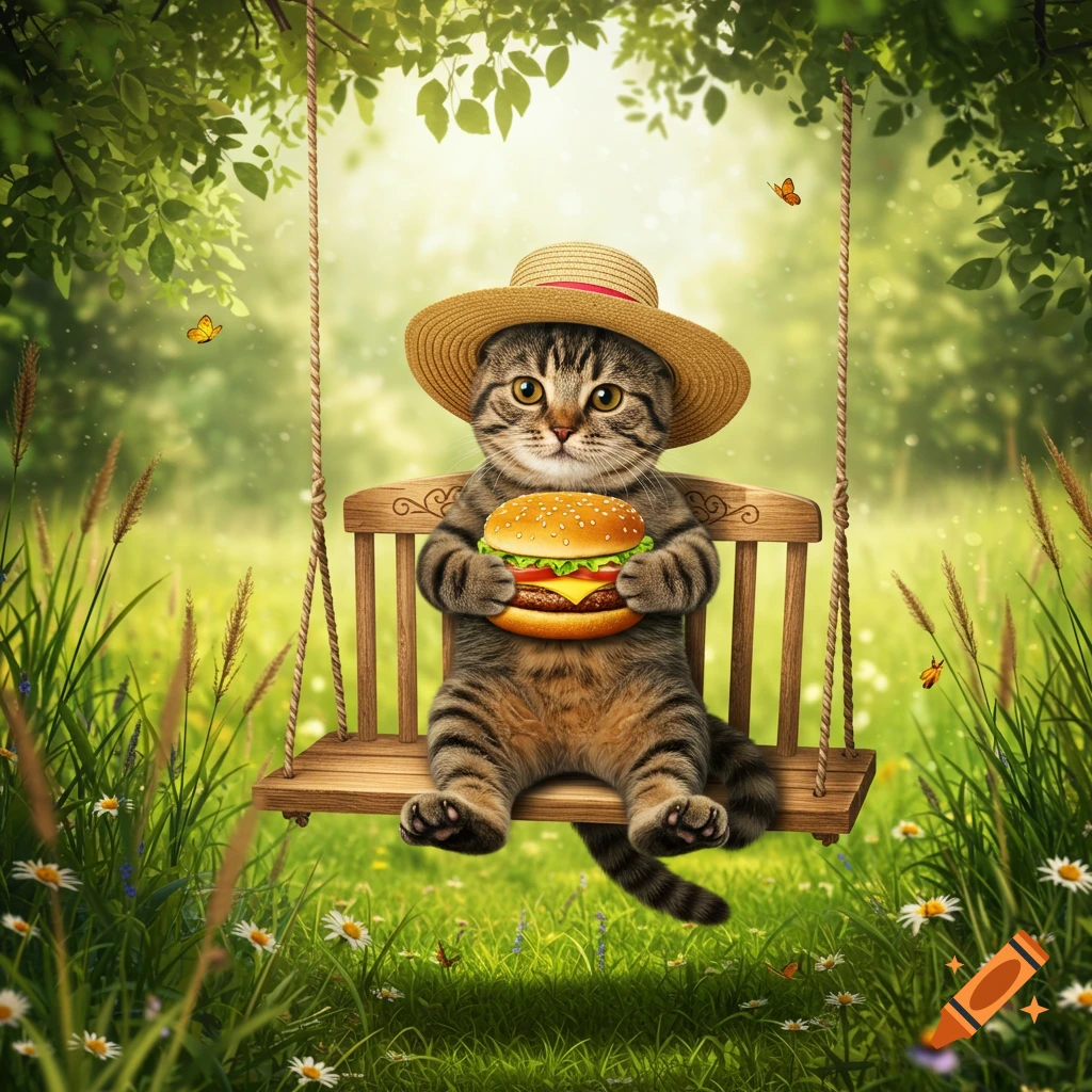A cute tabby cat in a straw hat sits on a swing, holding a burger, in a lush green garden.