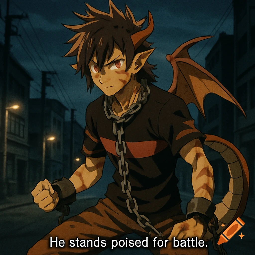A fierce anime dragon-hybrid boy with chains and horns stands in an urban alley at night, ready for battle.