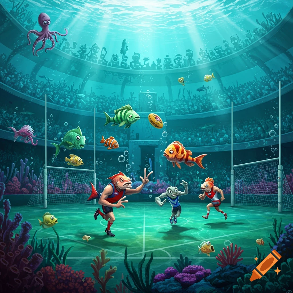 Vibrant cartoon of anthropomorphic fish playing Australian Rules Football in a bustling underwater stadium with spectators.