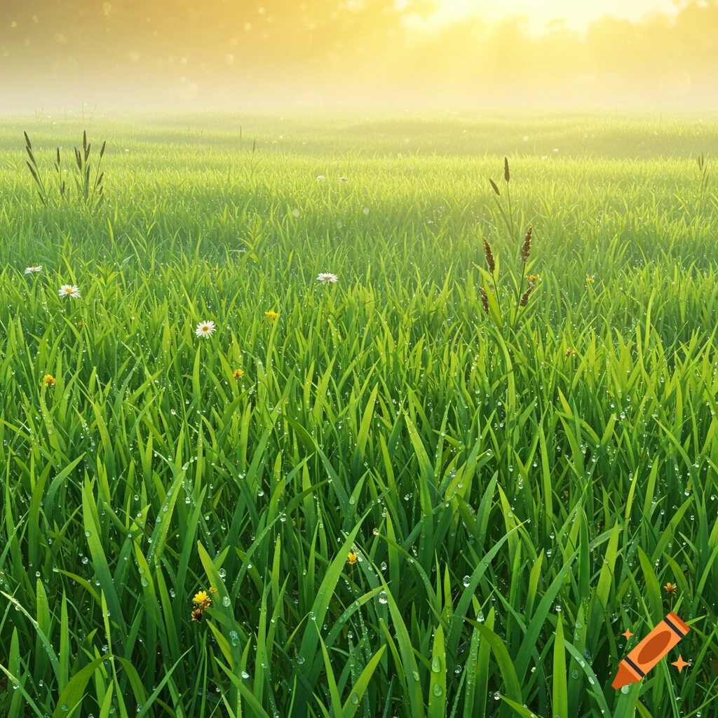Vibrant green grass field covered in sparkling dew drops under a misty, golden sunrise.