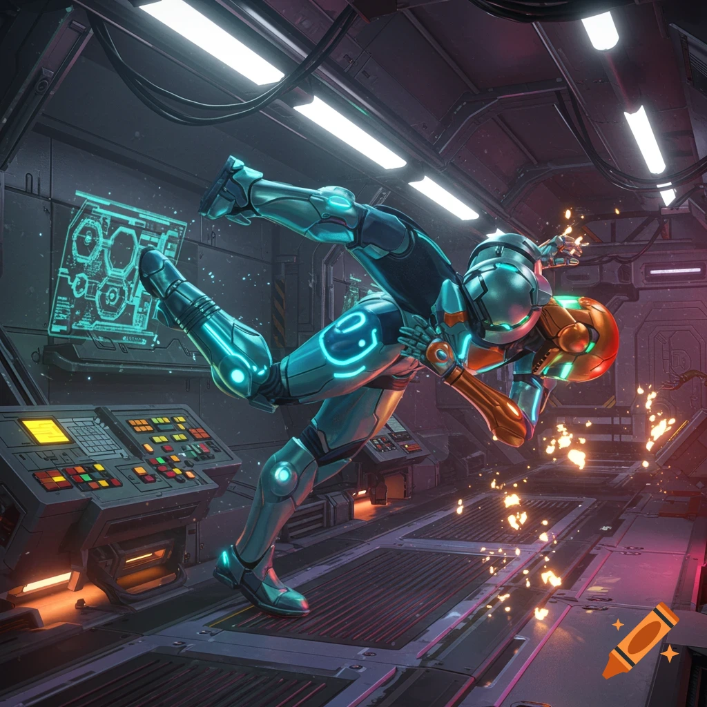 Samus Aran, in her glowing blue and orange Varia Suit, performs an acrobatic maneuver in a futuristic spaceship corridor with flying sparks.