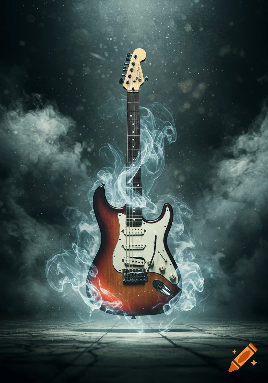 An electric guitar, reddish-brown with a white pickguard, floats amidst swirling blue-white smoke above a textured floor.