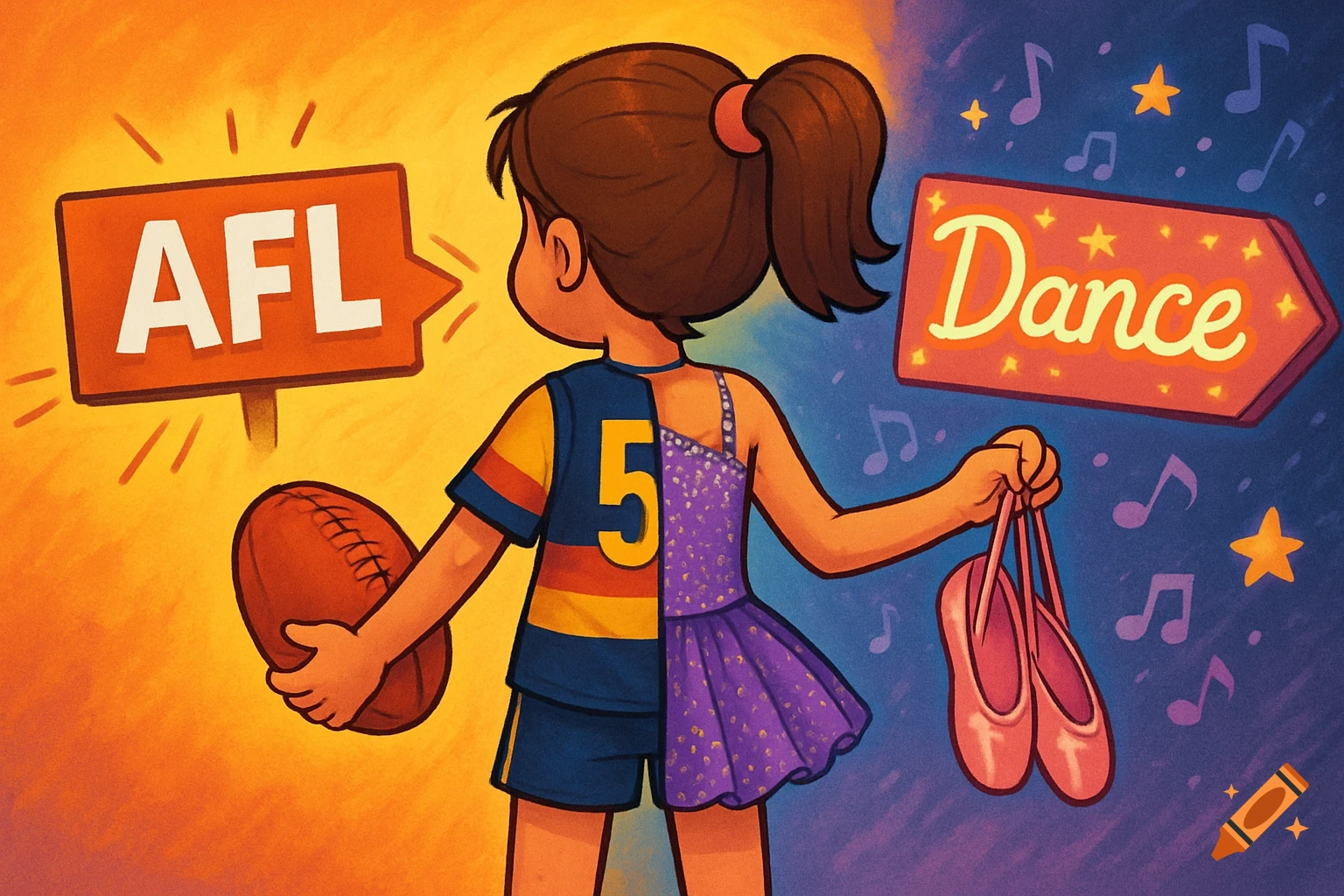 Cartoon girl from behind, half in a football uniform holding a football, half in a dance costume holding ballet shoes, with signs for 'AFL' and 'Dance'.