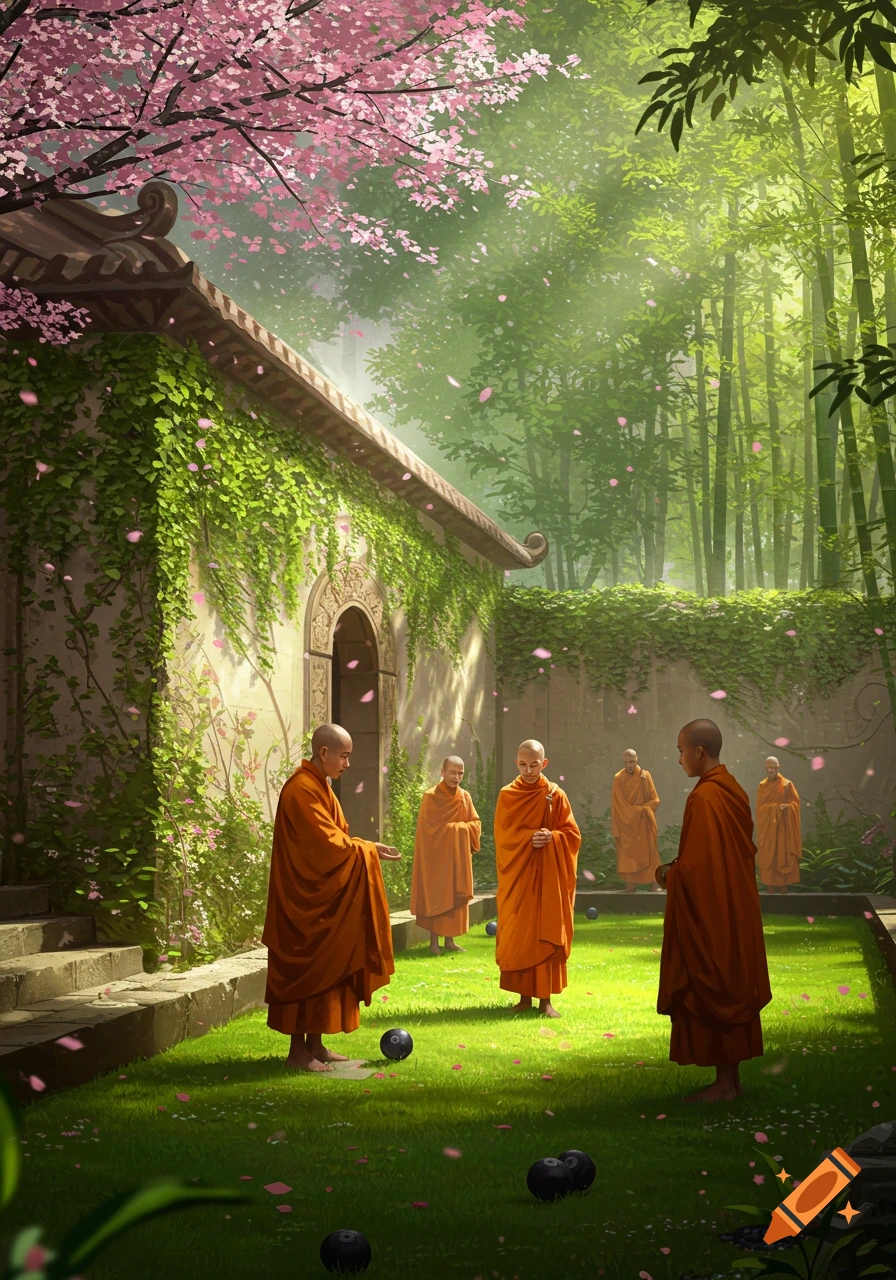 Monks play lawn bowls in a lush temple garden with cherry blossoms, ivy-covered walls, and a bamboo forest.
