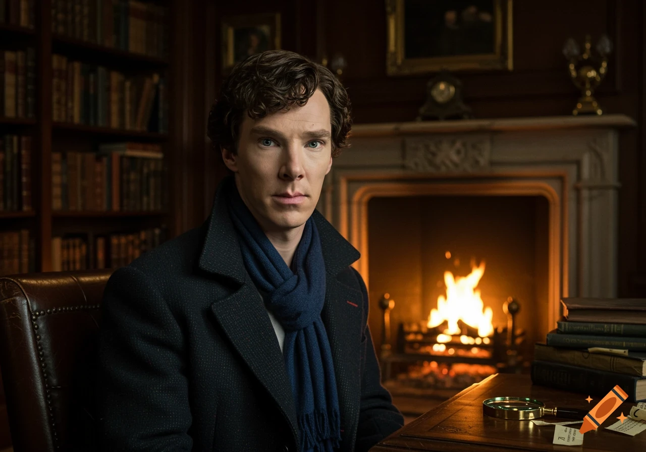 A man with curly hair and a blue scarf sits in a leather chair in a dimly lit library with a fireplace, looking forward.
