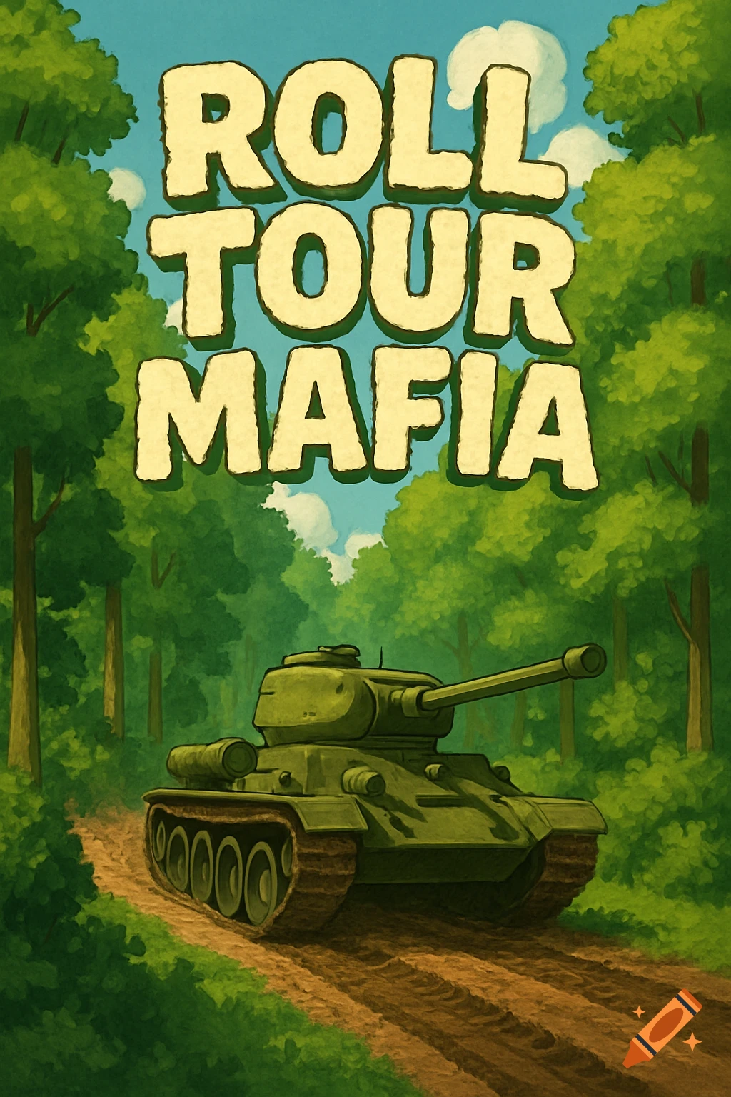 A stylized illustration of a green tank on a forest path with the words 'ROLL TOUR MAFIA' at the top.