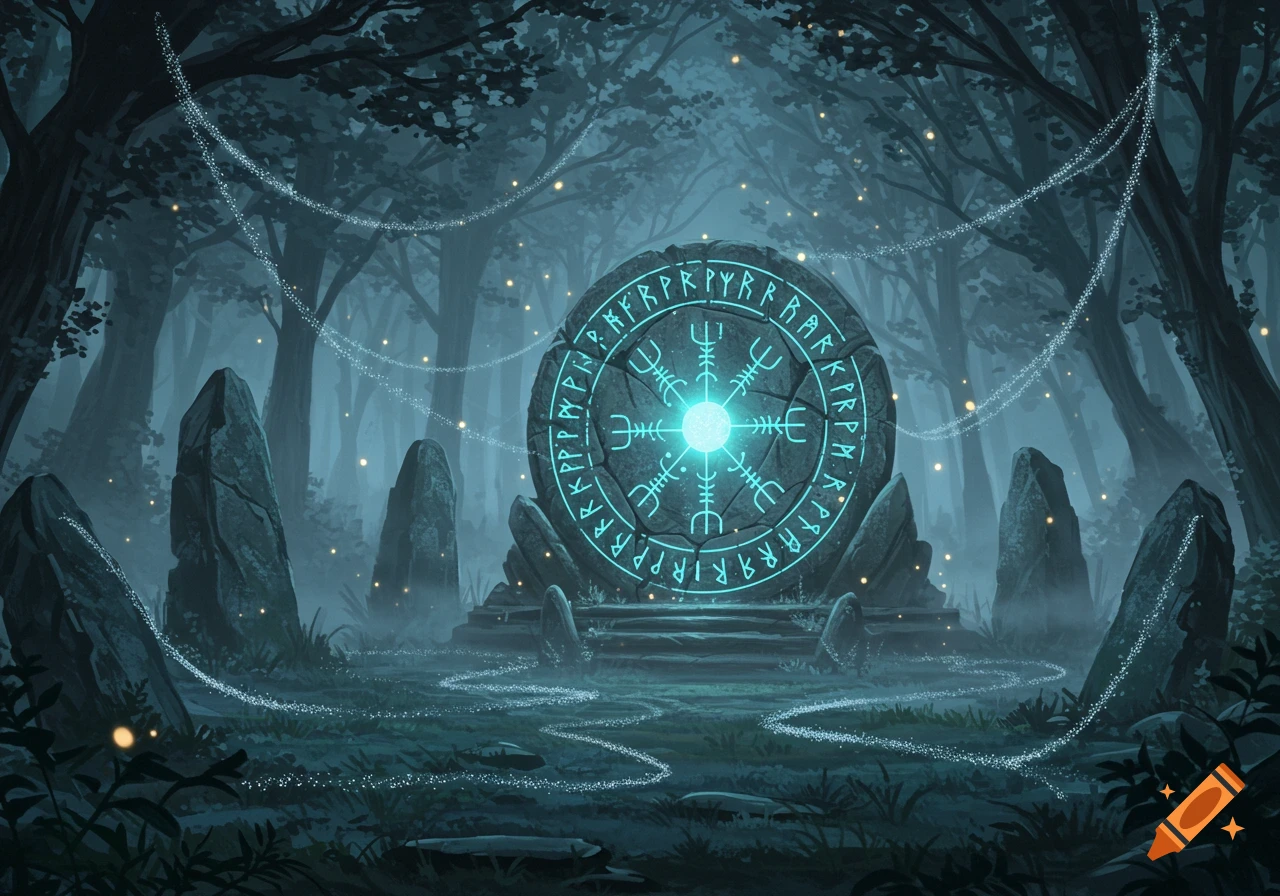 A glowing runic stone altar, with a central Vegvisir symbol, in a dark, misty forest surrounded by ancient standing stones and twinkling lights.