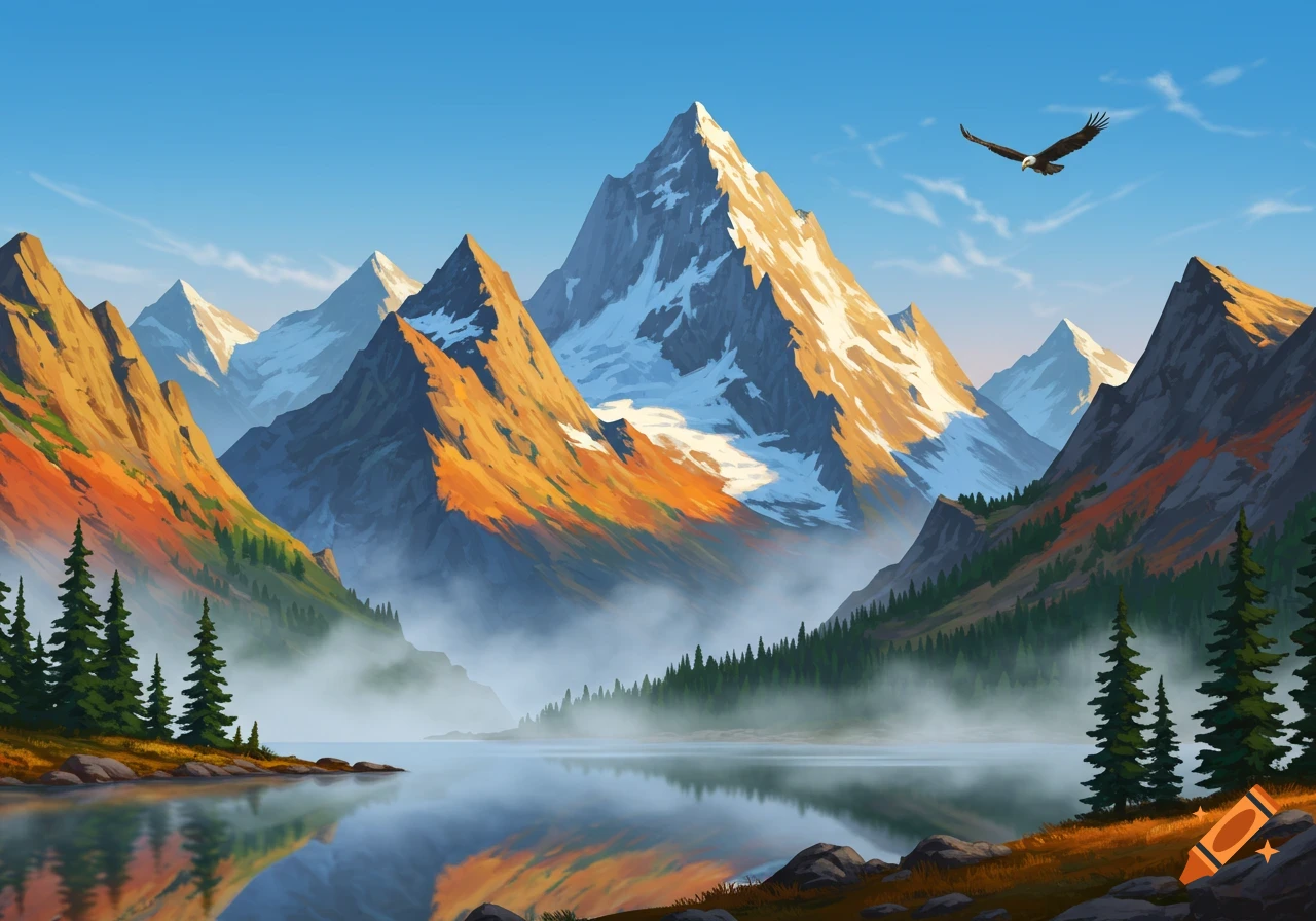 A vibrant illustration of a majestic mountain range with snow-capped peaks reflecting in a calm lake, surrounded by green forests and a flying eagle under a clear blue sky.
