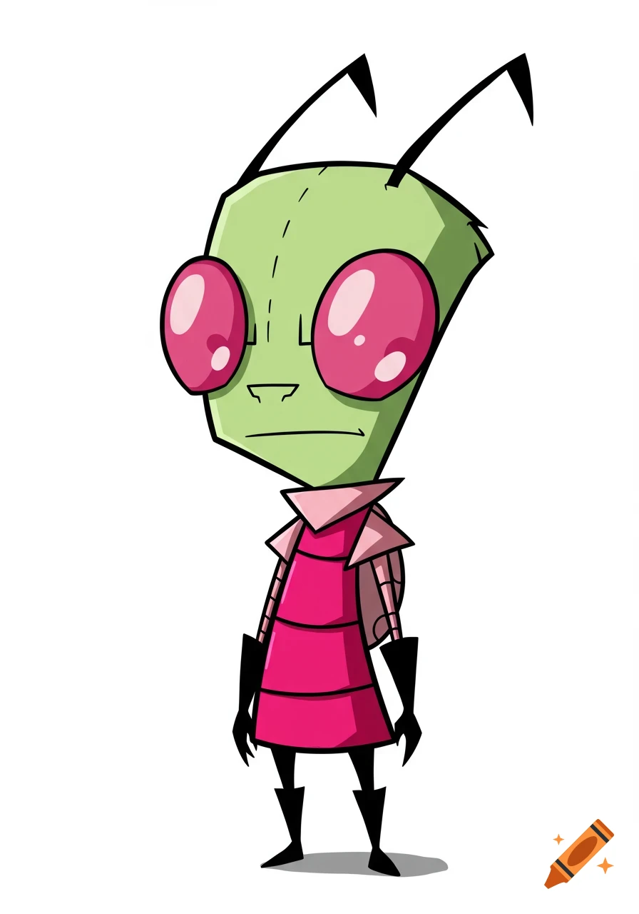 Full body cartoon illustration of Zim from Invader Zim, with green skin, large pink eyes, and a pink uniform, standing on a white background.