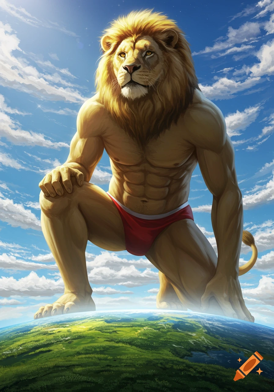 A gigantic, muscular, photorealistic anthropomorphic lion in a red speedo kneels on the Earth, towering into the blue sky with clouds.