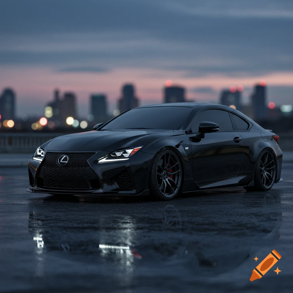 A sleek black Lexus RC F coupe parked on a wet surface with a blurred city skyline at dusk.