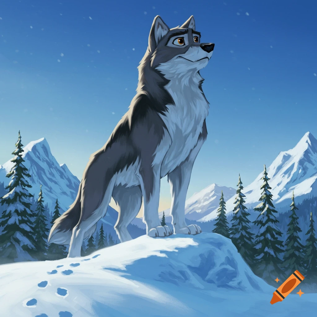 A cartoon wolf with grey and white fur stands on a snowy mountain peak, looking up at the blue sky, with pine trees and snowy mountains in the background.