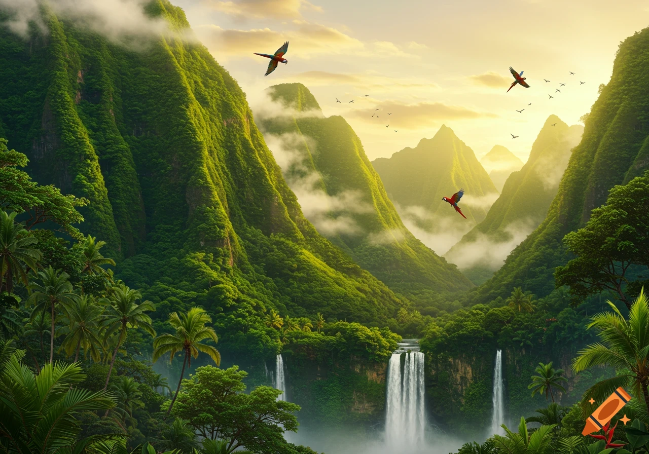 Photorealistic tropical valley with lush green mountains, waterfalls, and parrots flying at sunset.