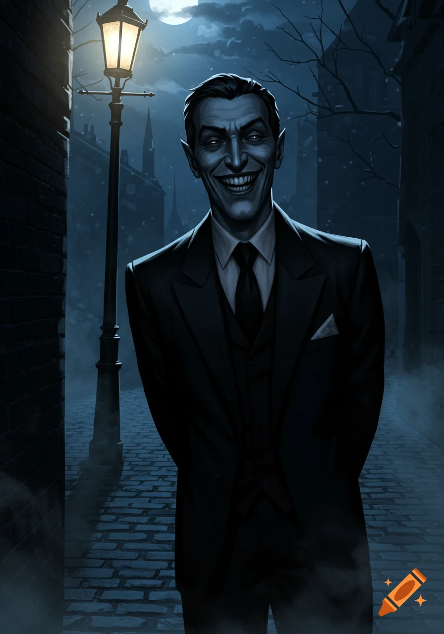 A stylized illustration of a sinister, grinning man in a suit in a dark, foggy alley under a lamppost and full moon.