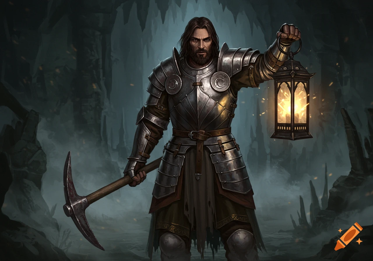A bearded man in detailed plate armor stands in a dark cave, holding a pickaxe and a glowing lantern.