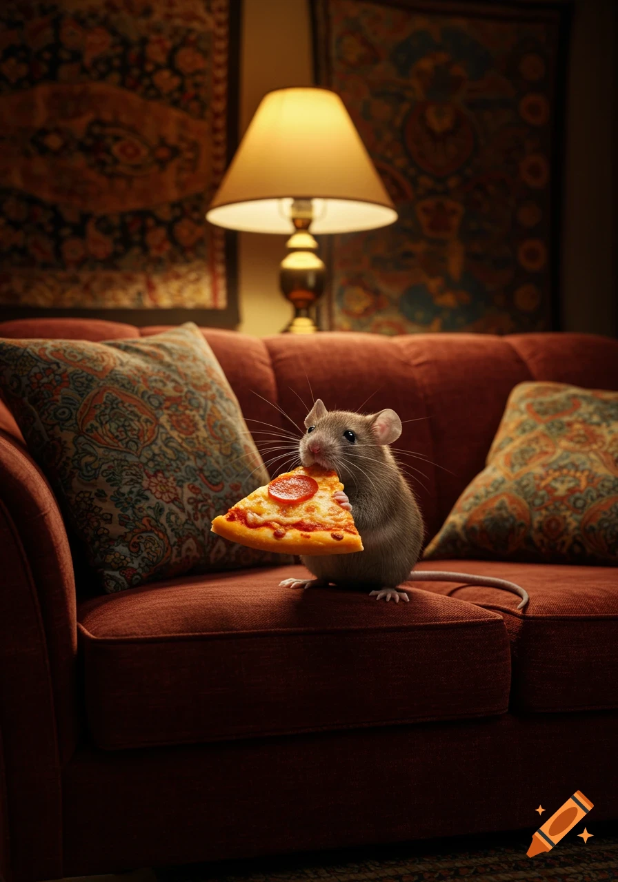 A photorealistic image of a small mouse eating a slice of pepperoni pizza on a red couch with patterned pillows.