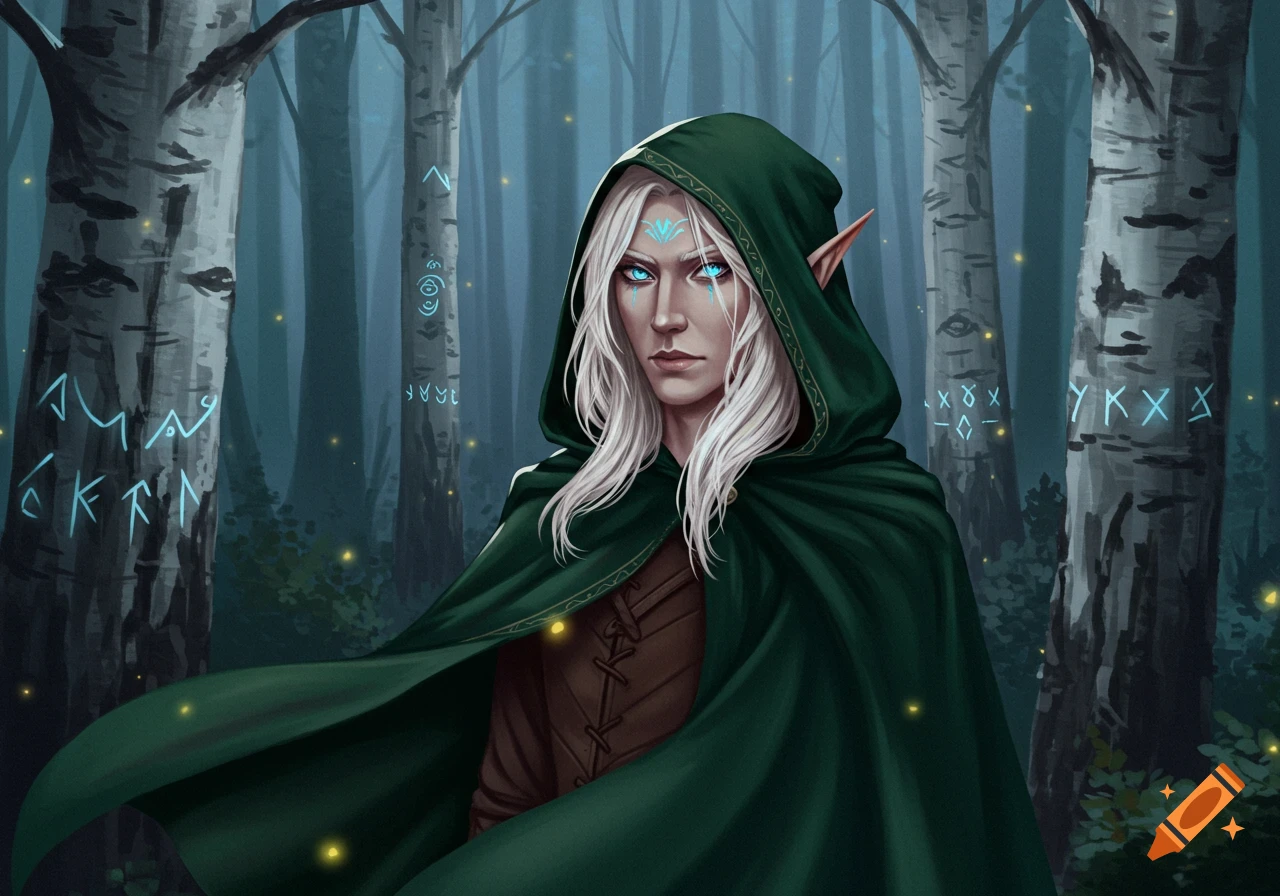 A white-haired elf in a green hooded cloak with blue markings on their face stands in a dark forest with glowing runes on the trees.