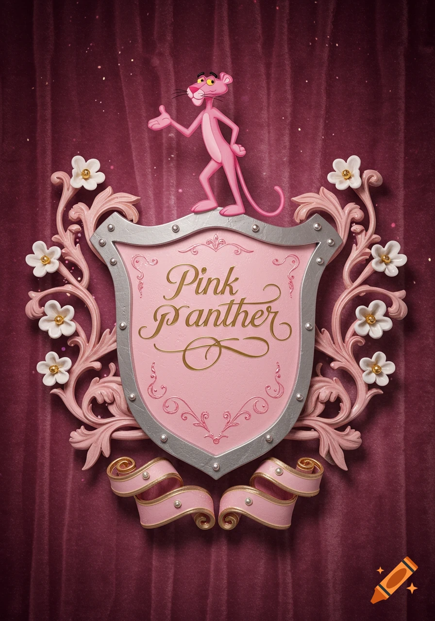 Pink Panther stands on a decorative pink and silver shield with 'Pink Panther' written in gold script, against a dark pink velvet curtain.