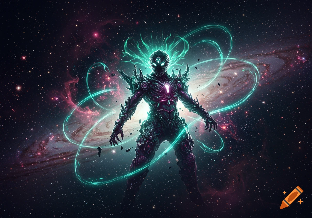 A dark, armored cosmic being with glowing teal and magenta energy stands against a vibrant galaxy backdrop, digital art.