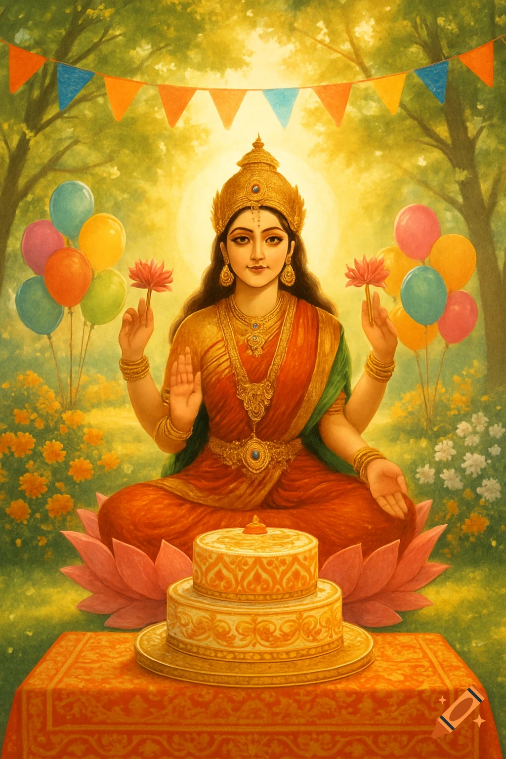 Vibrant Indian art of Goddess Lakshmi seated on a lotus, surrounded by balloons, banners, and a cake in a lush park.