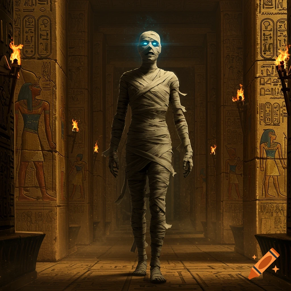 A mummy with glowing blue eyes stands in a torch-lit ancient Egyptian tomb, hieroglyphs covering the walls.