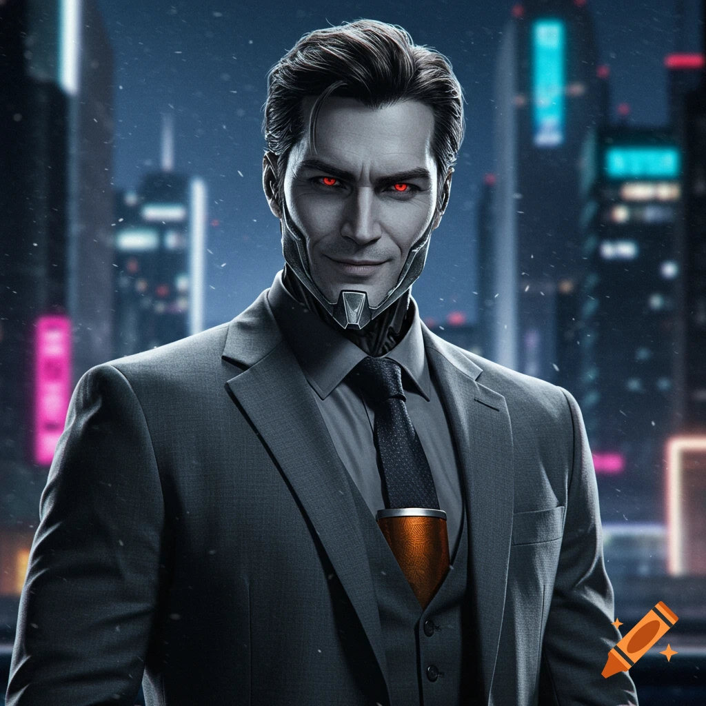Photorealistic portrait of a cybernetic man in a grey suit with red glowing eyes and a robotic jaw, smirking in a futuristic city at night.