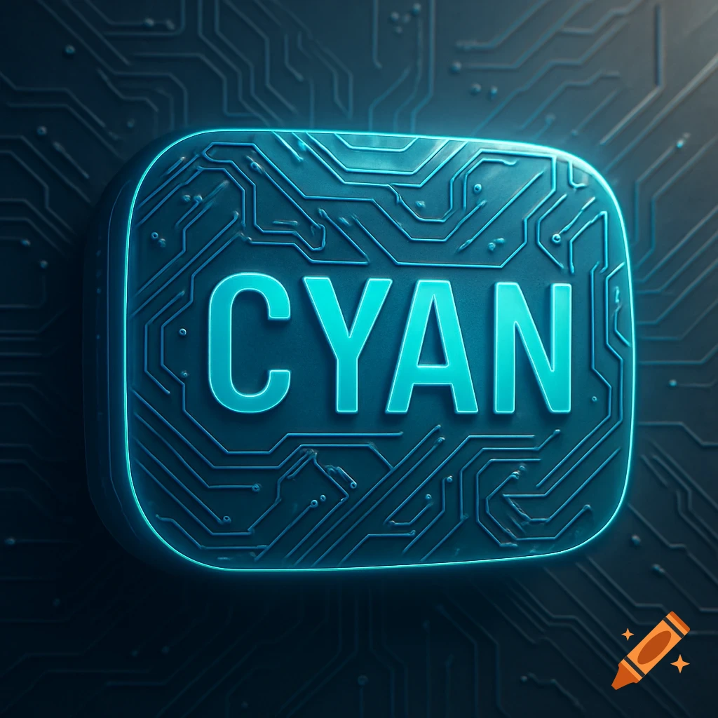 A glowing cyan button with the word 'CYAN' embedded on a circuit board design, set against a dark, circuit-patterned background.